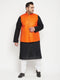Vastramay PLUS Men's Black And White Pyjama Set With Orange Nehru Jacket Set